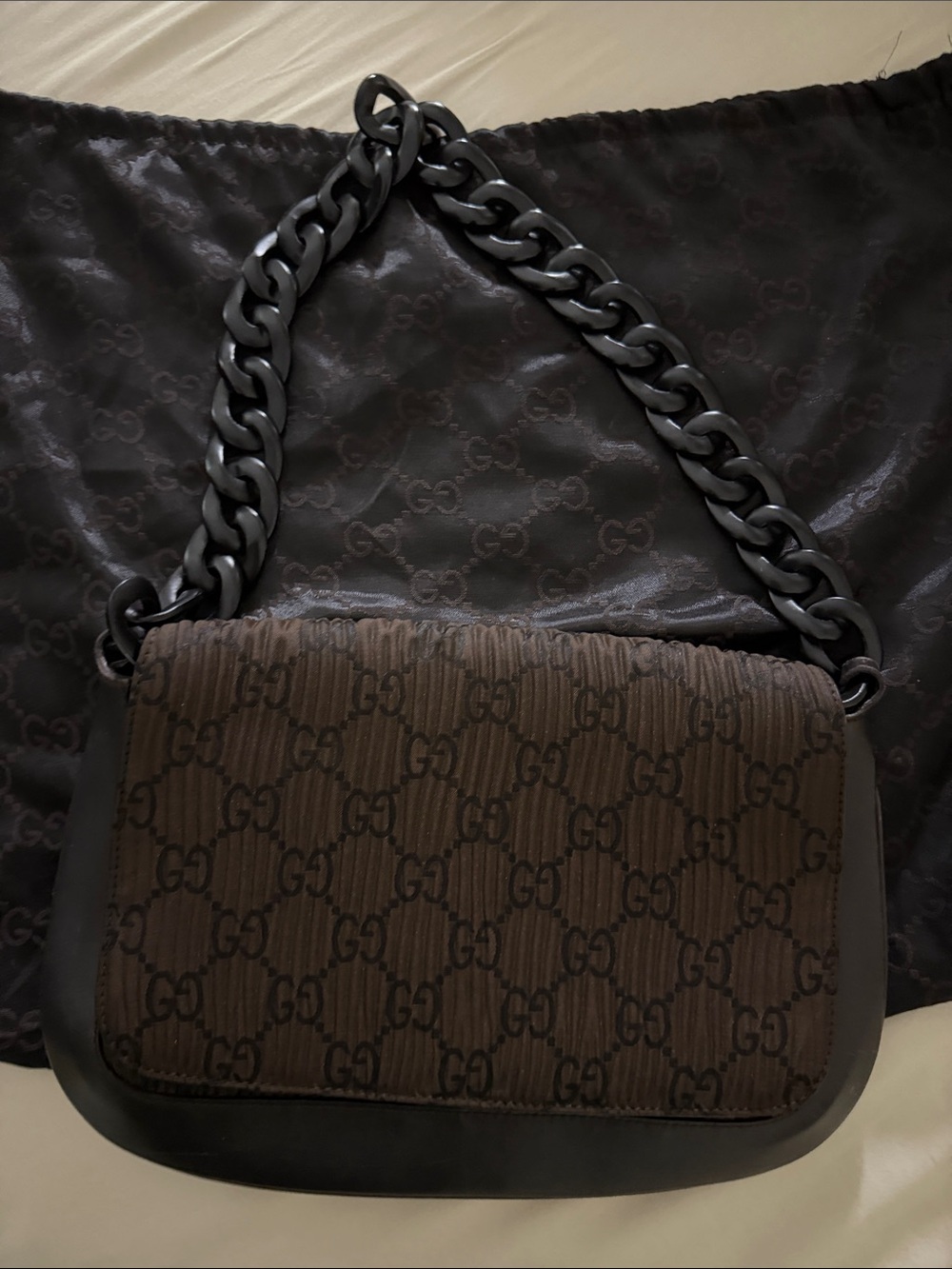 Gucci Brown and Black GG  Shoulder Bag with Chunky Chain